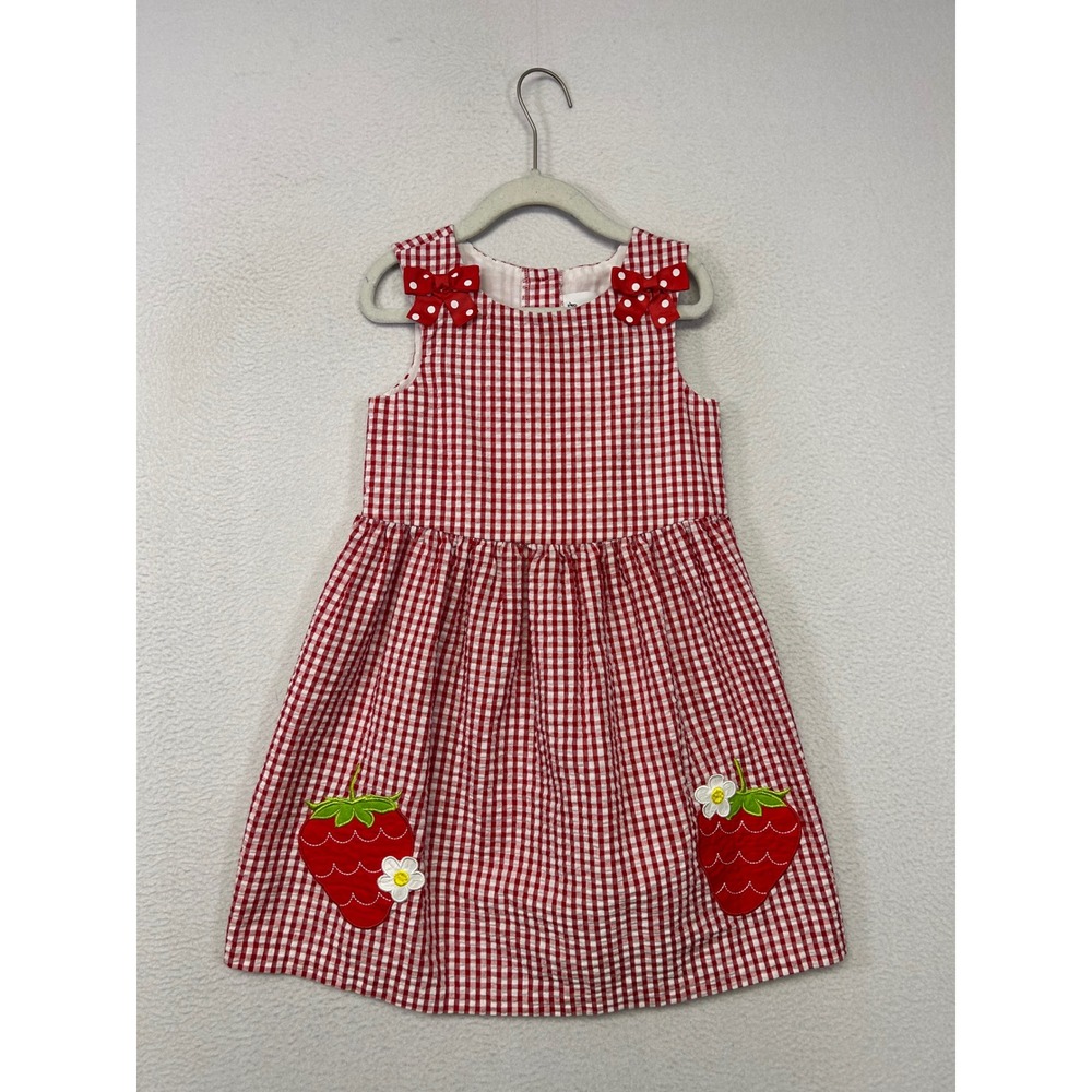 Cottagecore Counting Daisies Girls 5 Red Gingham Strawberry Bow A-Line Dress